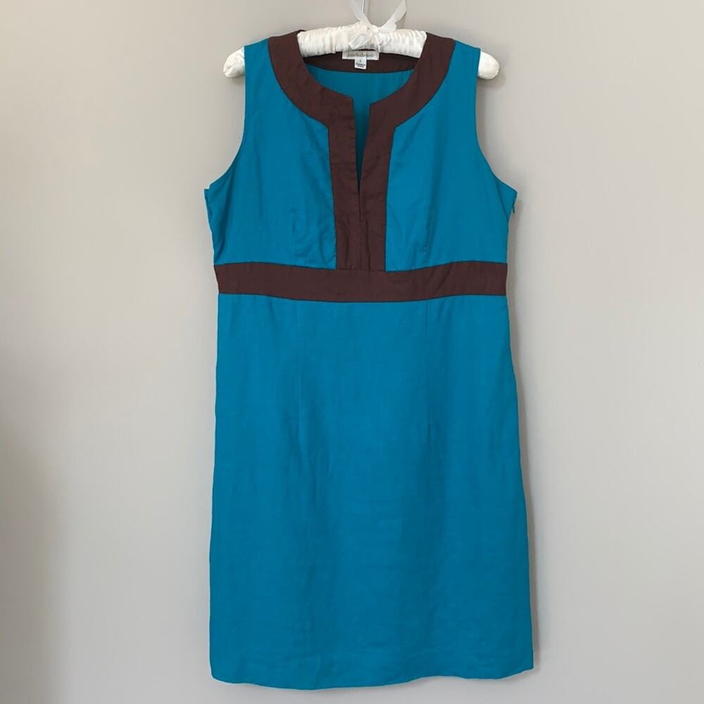 John Paul Richard linen colorblock turquoise brown sheath sleeveless dress Large